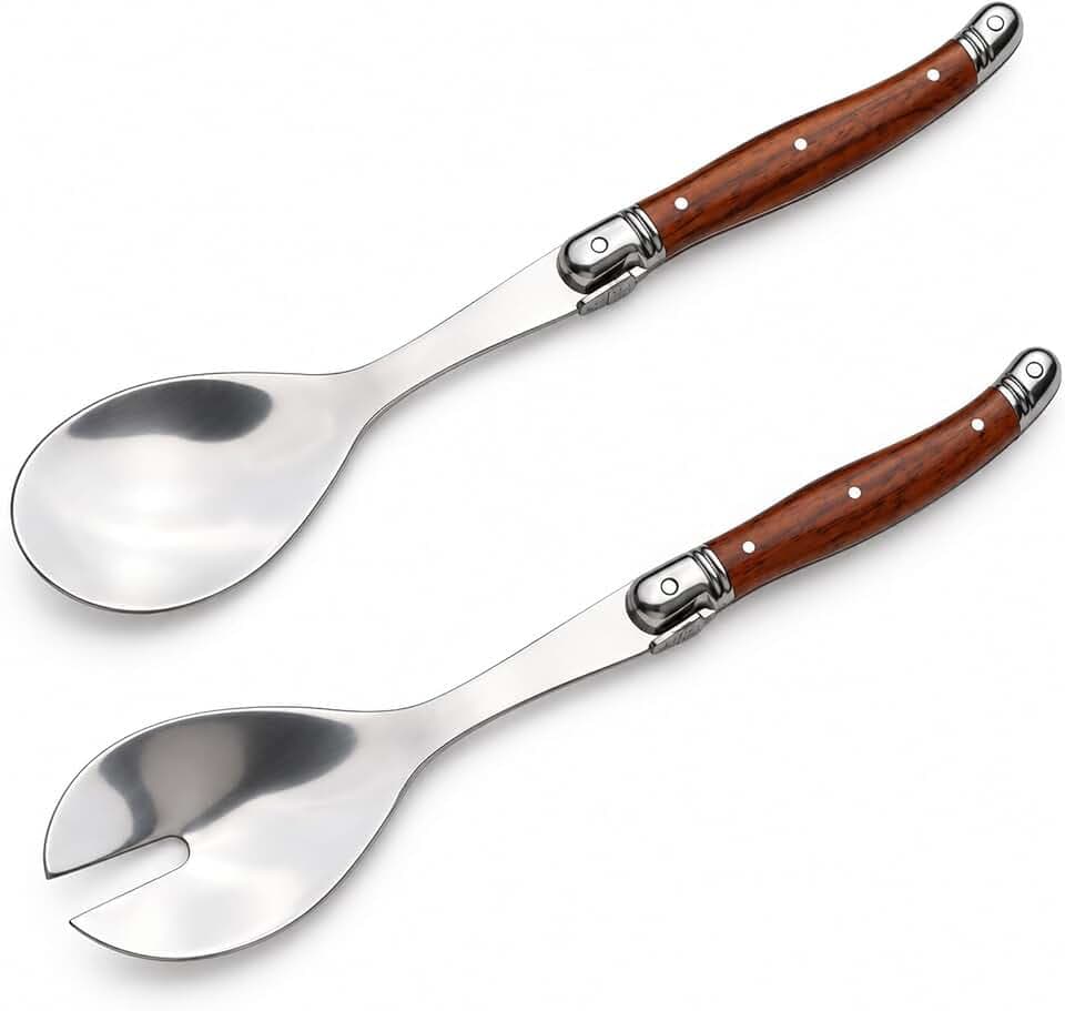 10" Salad Servers Set - Spoon and Fork Utensils for Serving Salad Stainless Steel - Set of 2 Salad Spoon and Salad Fork Kitchen Salad Tongs (Brown)