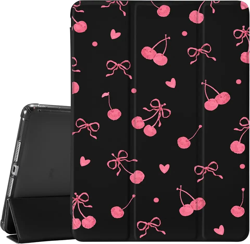 Pink Heart Bow Cherry Case for 10.9 Inch Ipad 10Th Cute Unique Design Cover for Ipad Auto Sleep/Wake Anti-Slip Shockproof Leather Soft TPU Back Case with Pencil Holder(Girl Women)