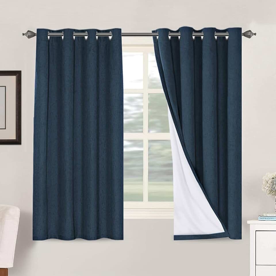 H.VERSAILTEX 100% Blackout Linen Curtains 63" L 2 Panels Navy
