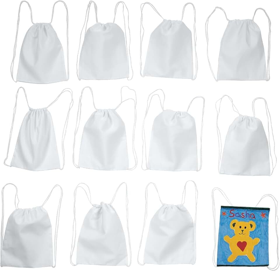 Colorations Decorate Your Own White Canvas Drawstring Backpacks, Set of 12