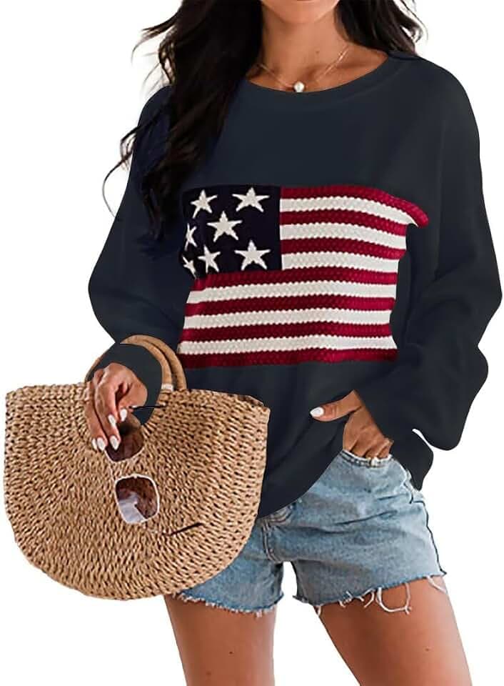 Dressmine Womens American Flag Knit Sweater Crew Neck Long Sleeve Pullover