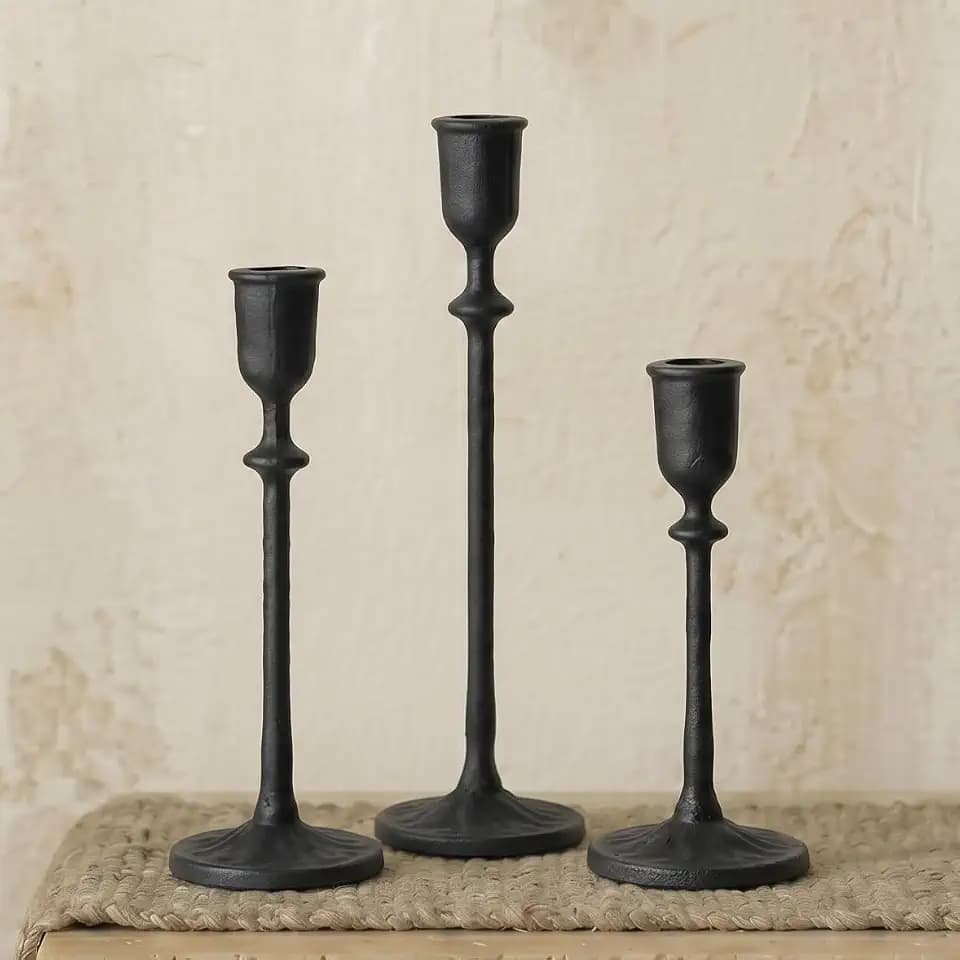 Antique Candlestick Holders Set of 3, Cast Iron Taper Candle Holder, Black