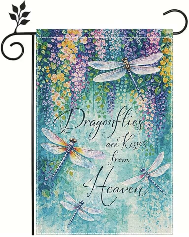 BrandName Dragonfly Garden Flag, Double Sided Polyester Outdoor Yard Flag, Dragonflies Are Kisses from Heaven Decorative Welcome Flag, Floral Spring Summer Memorial Porch Lawn Decor, 12x18 in