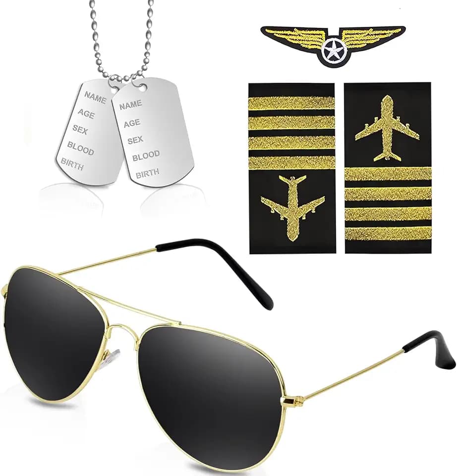 Sunwuun Fliegerbrille Fasching Herren und Damen Top Gun Accessoires,Top Gun Kostüm Piloten Kostüm Männer Frauen,Top Gun Fliegerbrille,Schulterklappen,Patch,Kette Zubehör für Mardi Gras Party.