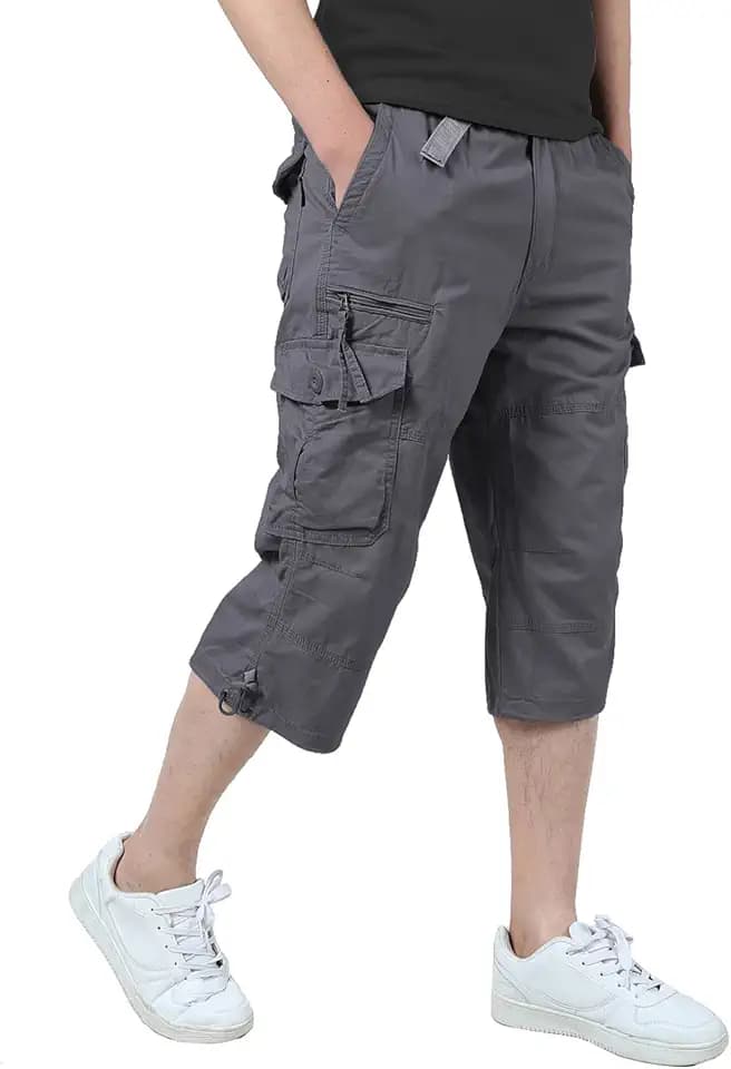 Mens 3/4 Long Cargo Shorts Loose Fit Elastic Work Capri Shorts Below Knee Casual with 7 Pockets Grey 32