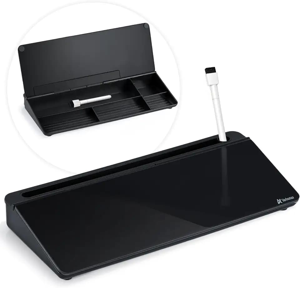 Varhomax Schreibtisch Organizer, Desktop Whiteboard Glas Schwarz Mit Aufbewahrung Abwischbar, To Do Liste, Notizblock und Tastaturständer für Homeoffice, Büro und Schulbedarf