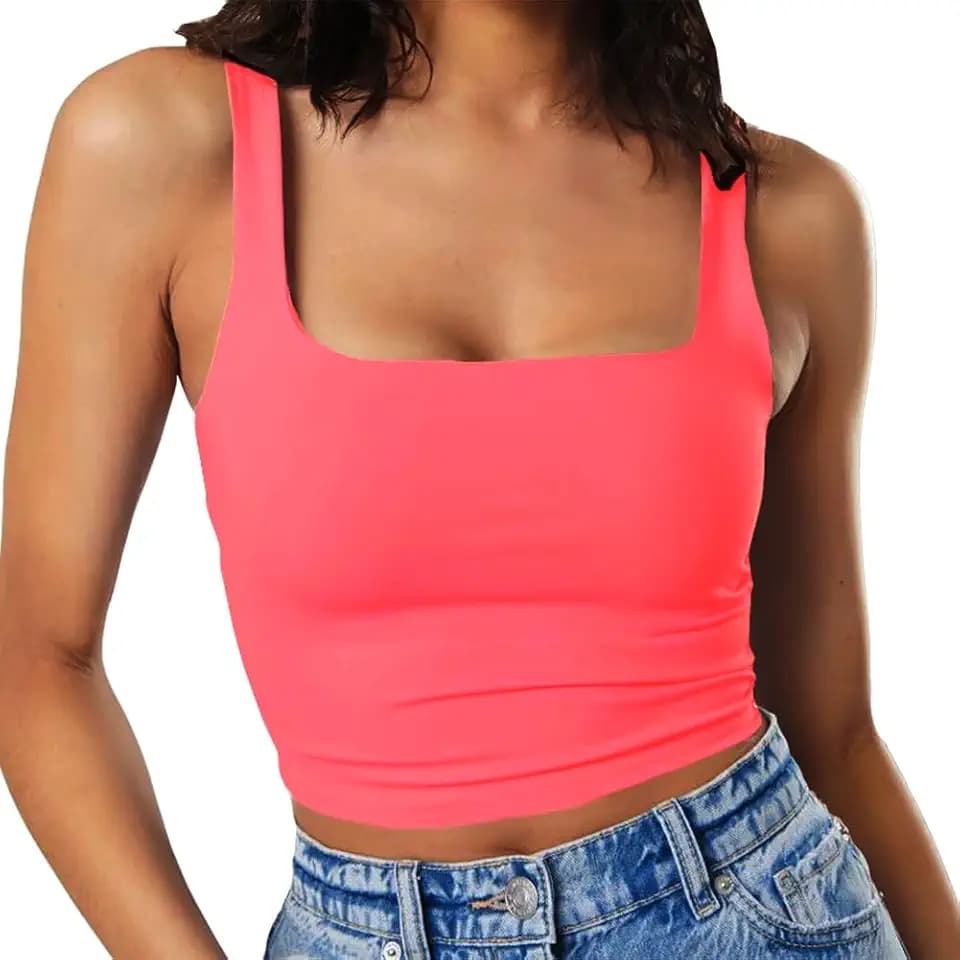 Artfish Women's Sleeveless Strappy Tank Square Neck Double Layer Workout Fitness Casual Basic Crop Tops