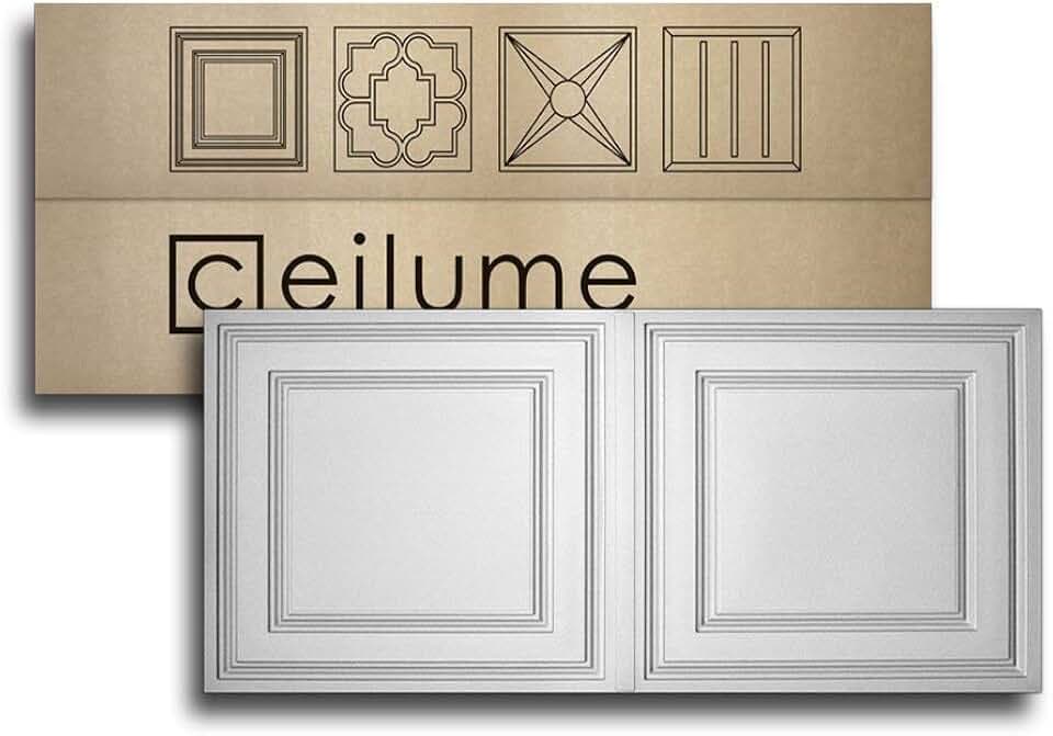Ceilume Stratford 2x4 Drop Ceiling Tiles - Waterproof, Washable, Fire-Rated PVC - Feather-Light, No Sag - Lay-in for 1" T-Bar Grid - 12-Pack, White, Covers 96 Sq Ft