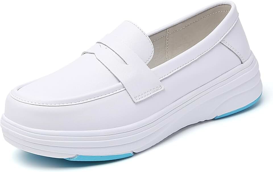 Women's Leather Lightweight Nurse Shoes Comfortable Round Toe Slip-On Loafers Arch Support Soft Sole Orthopedic Walking Casual Shoes for Work Daily Travel