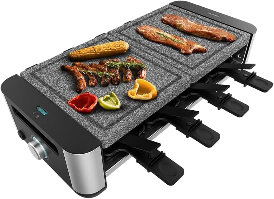 Cecotec Raclette Cheese&Grill 16000 Inox AllStone, 8 Personen, 1400 W Grill, einstellbares Thermostat, gemischte Grill- und Grillfläche 40 x 22 cm, Natursteinplatte, inklusive 8 Pfannen und 8 Spatel.