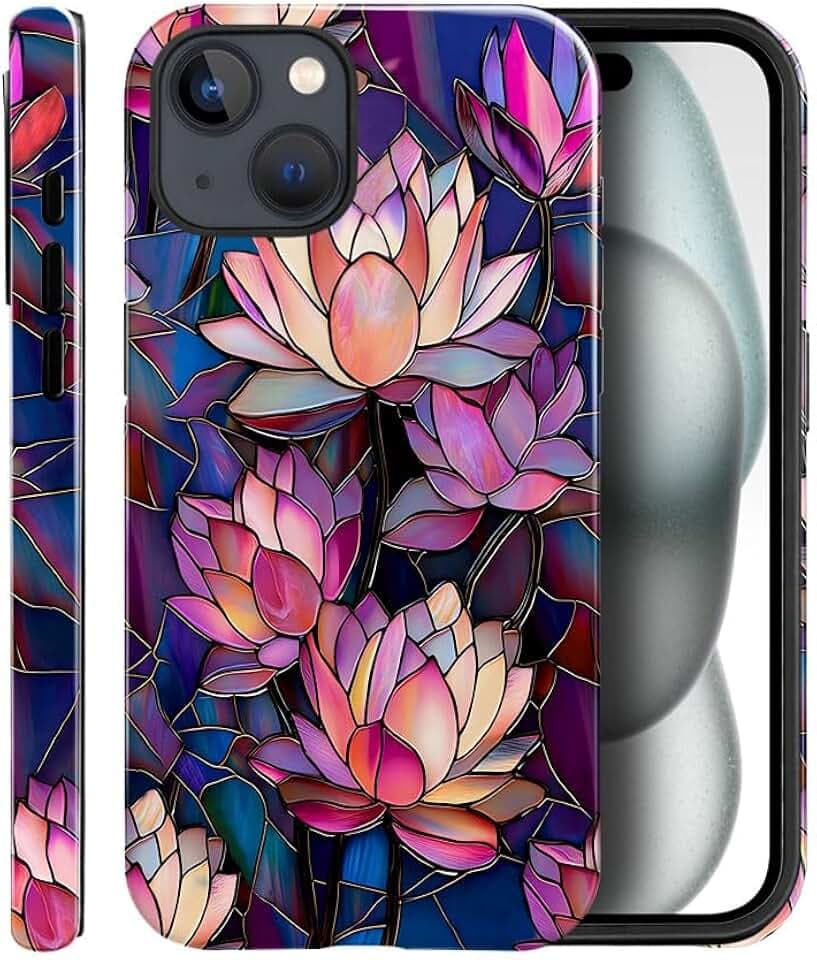 Case for iPhone 15,Glossy Case Cover for Women Girls,Drop Scratch Protective-Stained Glass Lotus Flower