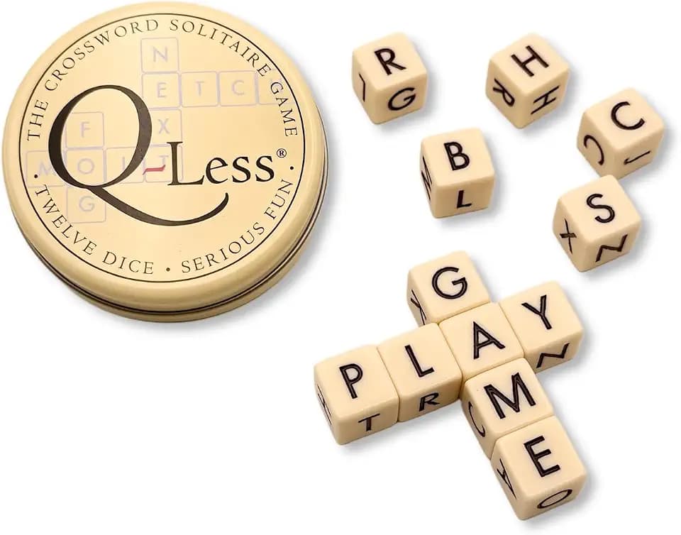 Q-Less – The Original Crossword Solitaire Game, 12 Letter Dice Travel Tin