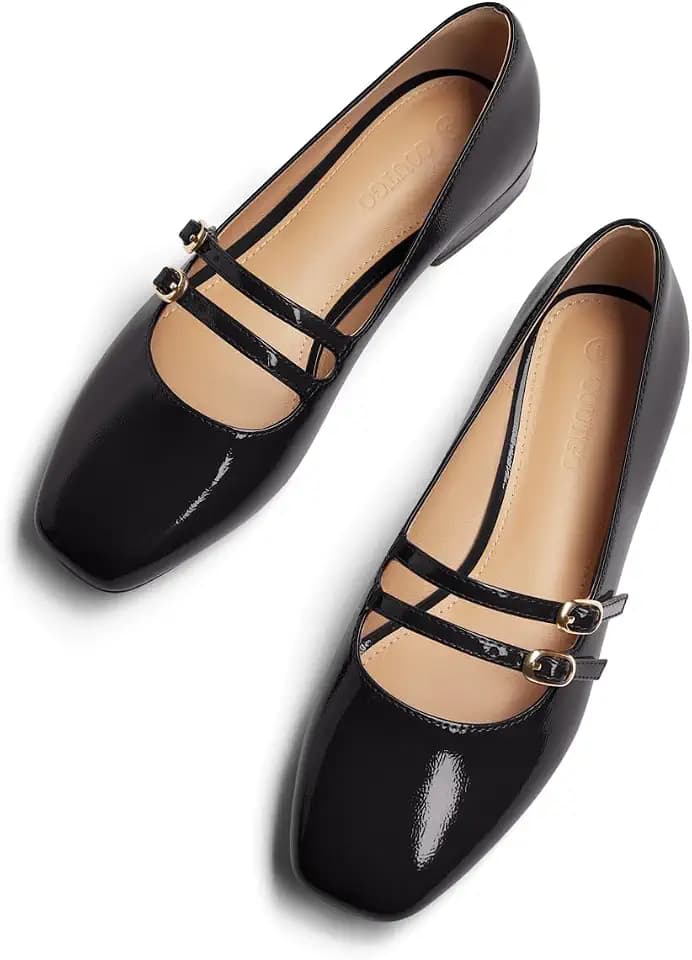 Coutgo Women's Mary Jane Flats Square Toe Ballet Flats Double Strap Slip On Dressy Shoes for Work Office