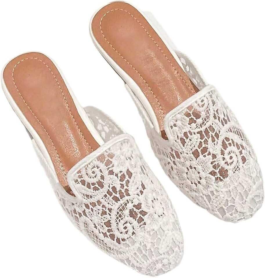 MakeMeChic Women's Floral Lace Flats Mules Round Toe PU Leather Slip On Boho Vacation Flat Shoes