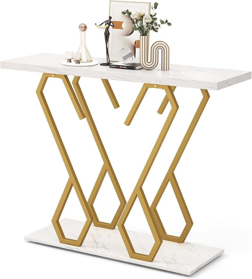 FANTASK Konsolentisch in Schmetterlingsform, 100 x 30 x 79 cm, Flurtisch Marmor Optik mit Metallrahmen， Eingangstisch schmal für Eingangsbereich, Wohnzimmer (Gold + Weiß), Silbrig