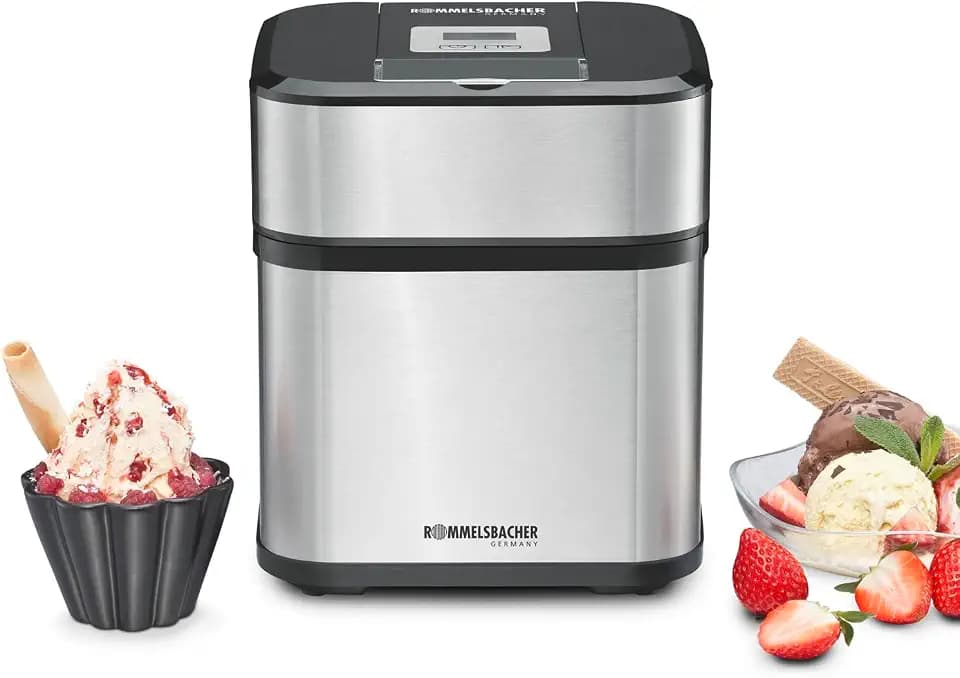 ROMMELSBACHER Eismaschine IM 12 Kurt - für Speiseeis, Frozen Yogurt, Sorbet & Slush, 1,5 Liter Gefrierbehälter, 500 ml Füllmenge, Zeitschaltuhr, leichte Reinigung, Eisportionierer