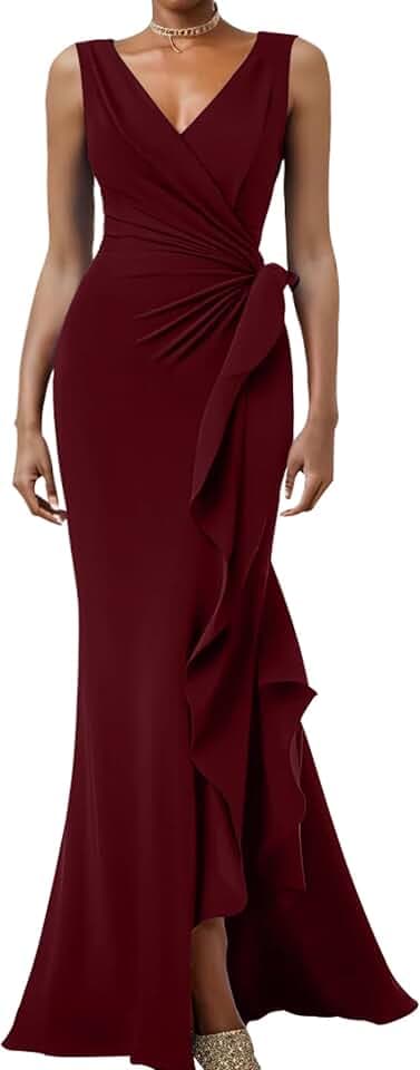 Women's Elegant Sleeveless V Neck Bodycon Ruched Split Wrap Wedding Evening Formal Long Dress