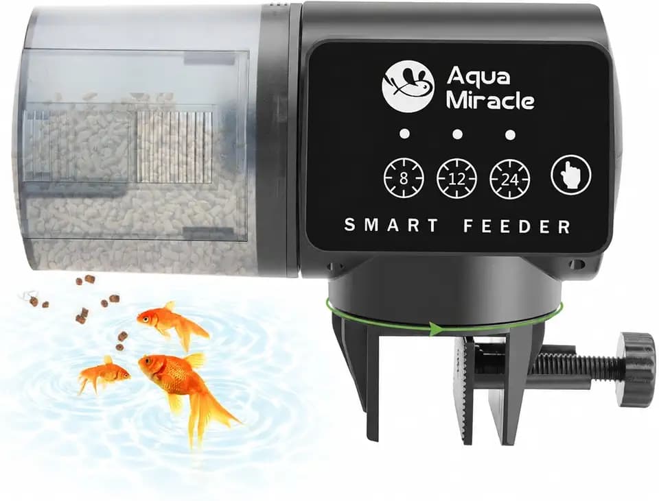 AquaMiracle Automatic Fish Feeder for Aquarium, Auto Fish Food Dispenser with Timer, Volume Adjustable Vacation Aquarium Feeder, for Granules Pallets Strips