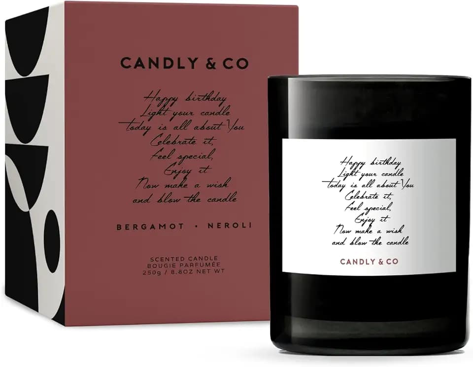 Candly&Co Nr. 5 Happy Birthday/Luxus-Duftkerze/ 100% Soja/Rauchglas/Docht aus Baumwolle/ 250g/ Bergamotte, Neroli, Minze, grüner Tee, Kiefer, Pfeffer/Handgefertigt in EU