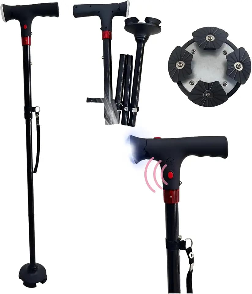 Folding Walking Cane with LED Light (Batteries Not Included), Adjustable Foldable Walking Stick for Men & Women, 360° Non-Slip Base & Emergency Alarm for Seniors
