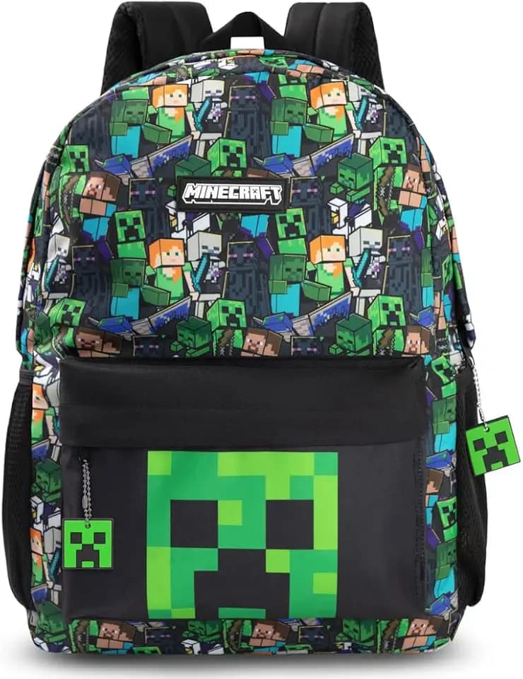 Minecraft Steve & Creeper Multicolour Backpack | Graphic Print Zip-Up Bag for Back to School | Kids Carrying Books | Unisex Kids Merch