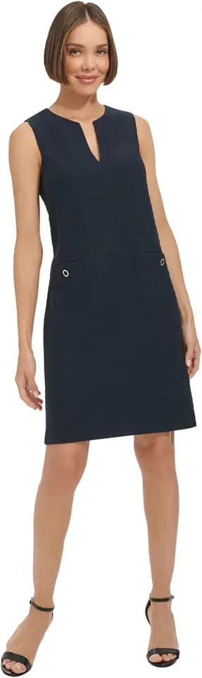 Tommy Hilfiger Women's Sleeveless Split Neck Solid Jacquard Knit Dress