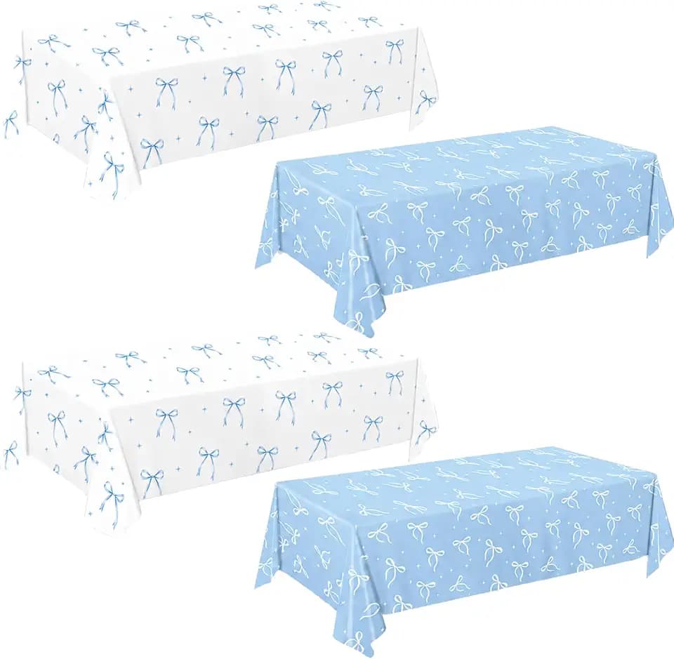 LINHAXM 4 Pack Blue Bow Tablecloth, Coquette Birthday Decorations, Bow Disposable Table Cover for Girl Wedding Engagement Bridal Birthday Decorations, 54 x 108 Inches