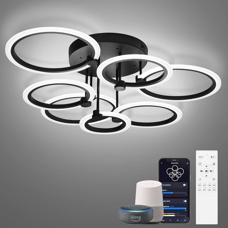 Smart LED Ceiling Light, 7-Ring Modern Flush Mount Fixture, 130W Dimmable 3000K–6500K, WiFi Alexa & App Control, Black Ceiling Light for Living Room Bedroom Kitchen (31.8")