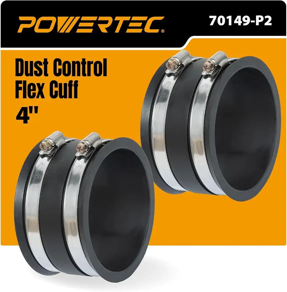POWERTEC 70149-P2 4 Inch Dust Control Flex Cuff with Steel Hose Clamps, Hose Connector Rubber Cuff Coupler for Woodworking Dust Collection Fittings, Dust Collector Accessories & Machinery, 2 pack