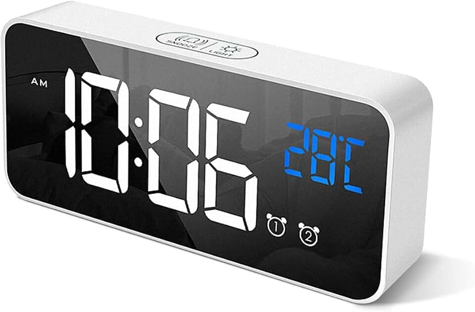 Digitaler Wecker mit großer LED-Temperaturanzeige, tragbarer Spiegelalarm mit Doppelalarm, Zeit-Dimmer, Helligkeits-Dimmer, verstellbar auf 4 Stufen, 10 Musikanschluss