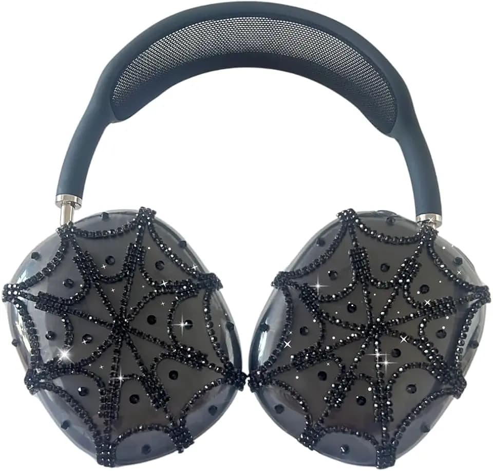 Rhinestones Spider Web AirPods Max Cover Black Glittering Headphones Case for Apple Airpods Max Cute Airpod Pro Max Ear Covers Protective Accessories (Black Web)
