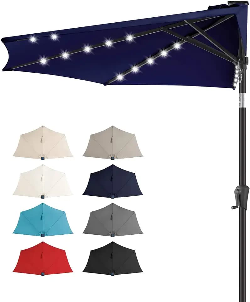 FLAME&SHADE 9 ft Solar Half Patio Umbrella with Lights, Navy Blue