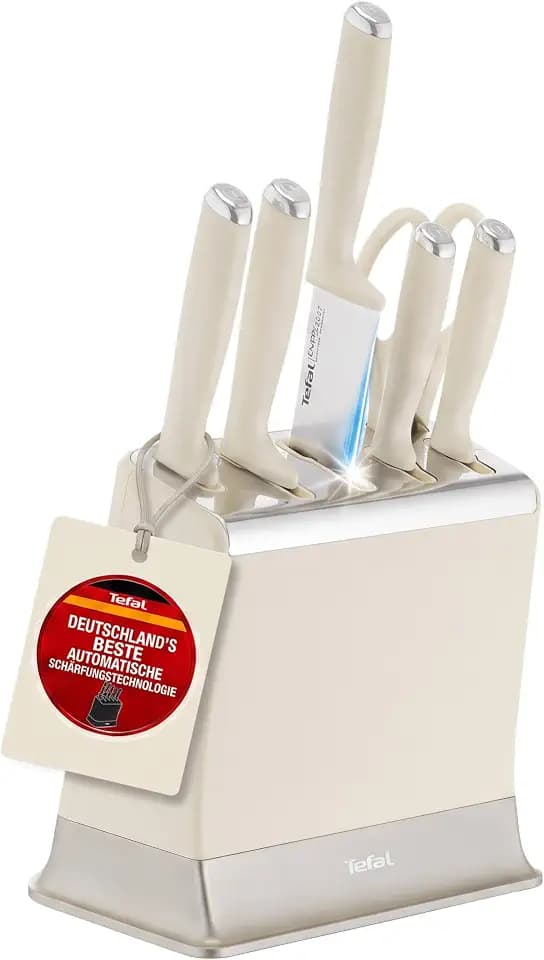 Tefal EverSharp Pro 6-teiliger Messerblock, patentierte Schärftechnologie, selbstschärfend, Verriegelungssystem, deutscher rostfreier Edelstahl, für Gemüse, Fleisch & Brot, Beige, K2979704