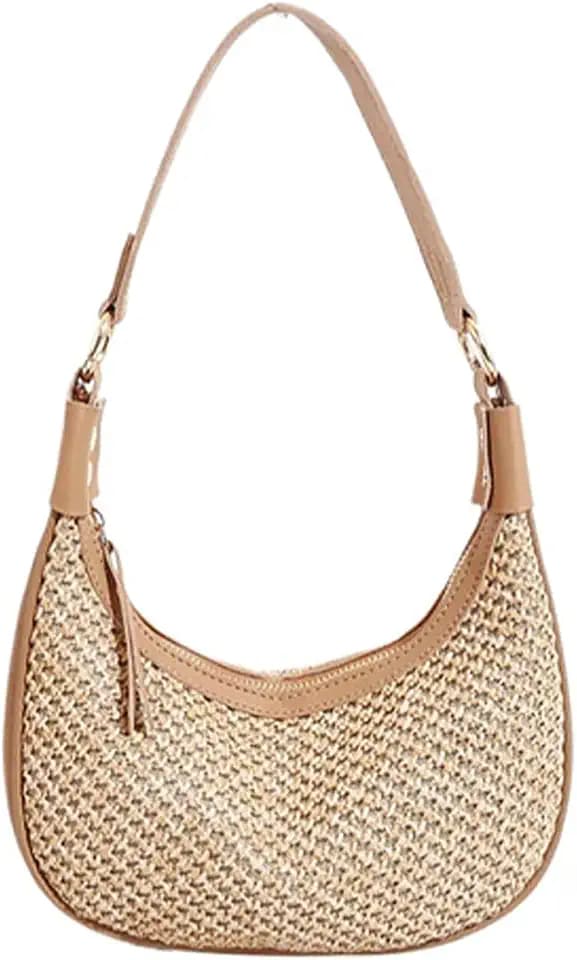 Straw Beach Shoulder Bags for Women Cute Small Crescent Tote Mini Clutch Purse Underarm Vacation Handbag Summer Straw Purse