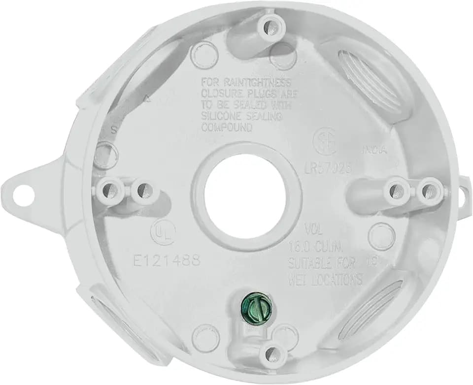 SIGMA ENGINEERED SOLUTIONS 143854 Round Metal Electrical Outlet Box, Weatherproof, Easy Mount, White, (5) 1/2-Inch Holes