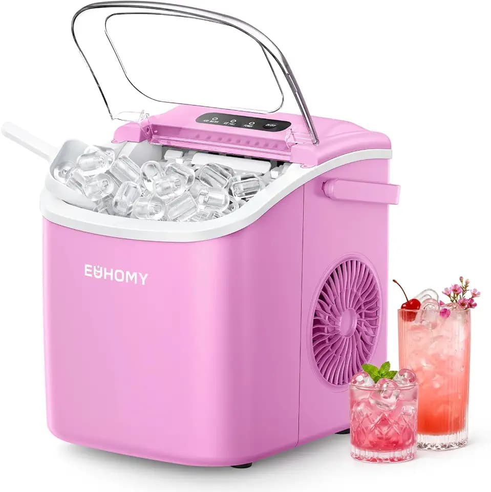 EUHOMY Countertop Ice Maker Machine with Handle, 26lbs in 24Hrs, 9 Ice Cubes Ready in 6 Mins, Auto-Cleaning Portable Ice Maker with Basket and Scoop, for Home/Kitchen/Camping/RV. (Pink)