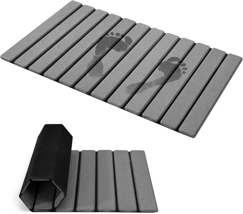 Extra-Large Foldable Stone Bath Mat for Bathroom, Super Absorbent Diatomaceous Earth Bath Mat with Anti-Slip Leather Base, Quick Drying Modern Bath Stone Mat (Grey, 28" x 16" & 8" x 4")