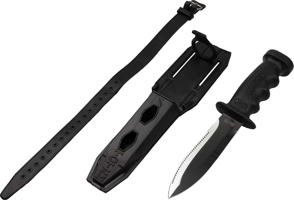 Cressi Supertotem - Tauchmesser Rettungsmesser Bootsmesser mit Glatter/Gezahnter 12,4 cm Klinge aus Rostfreiem Stahl, Anatomisches Diving Knife, Tauchermesser + Scheide + 2 Wadenriemen, Klinge 23,2 cm