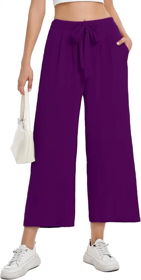 Wide Leg Palazzo Pants Women Casual Flowy Loose High Waist Cropped Business Trousers Summer Beach Vacation Clothes