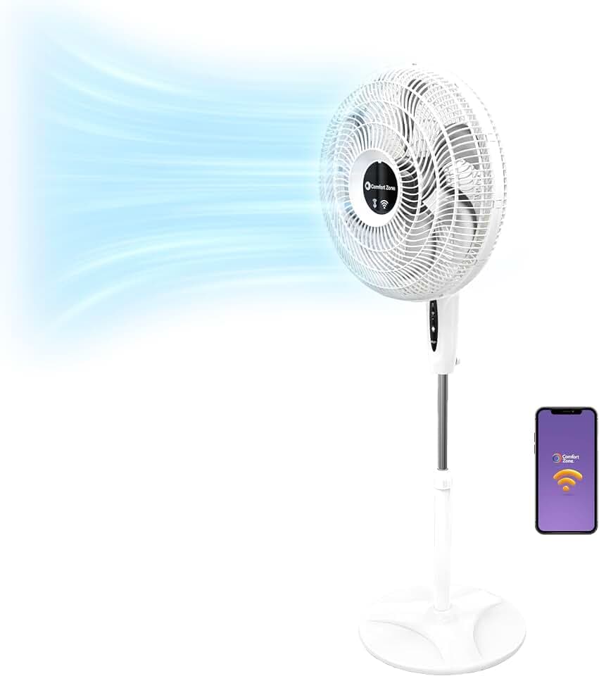 COMFORT ZONE 18-Inch Smart WiFi Oscillating Stand Fan, 3-Speed Wall-Mountable Fan with Voice Control, Full-Function Timer & Adjustable Stand up to 53 Inches, Quiet Tri-Curve Technology