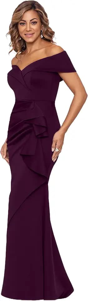 Xscape Women's Long Off-the-Shoulder Sweetheart Neckline Formal Evening Gown with Ruching and Draped Ruffle Detail