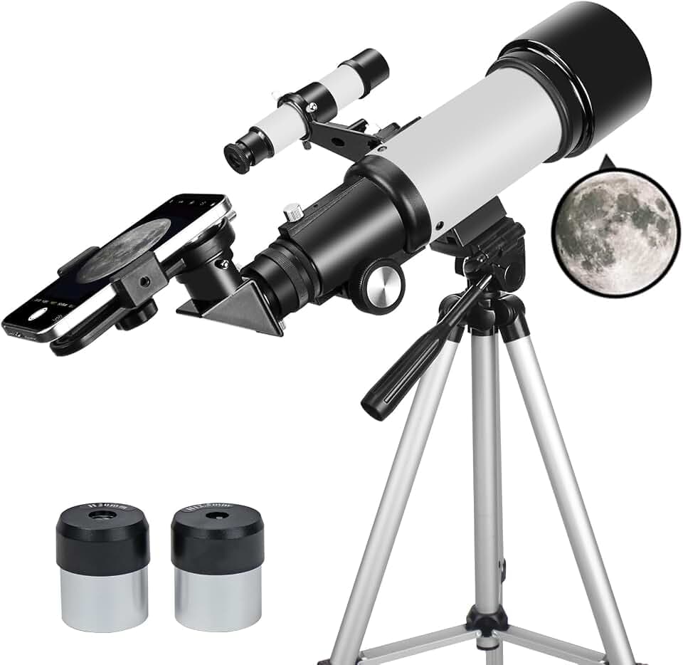 Teleskop für Erwachsene Anfänger, 70mm Aperture 400mm AZ Mount Voll Multi-Coated Optics Refraktor Tragbare Teleskope, Reiseteleskop mit Stativ und Telefon Adapter (White)