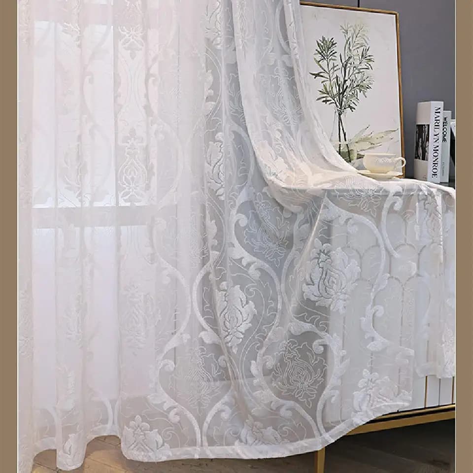 Amidoudou 1 Paar europäische Jacquard-Vorhänge, ausgehöhlt, Gaze, Tüll, Wohnzimmer, Schlafzimmer, durchscheinende Vorhänge (weiß, 168 x 213 cm)