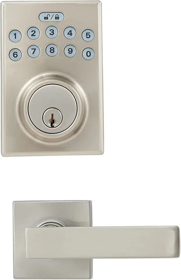 Amazon Basics Contemporary Electronic Keypad Door Lock, Keyless Entry Deadbolt with Handle Set, Easy Installation, Sturdy, Satin Nickel, 1-Pack