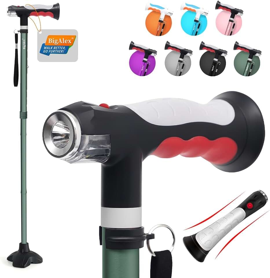 BigAlex Folding Walking Cane with Two Led Lights for Elderly Solid Base Adjustable Walking Stick with Carrying Bag for Men Women