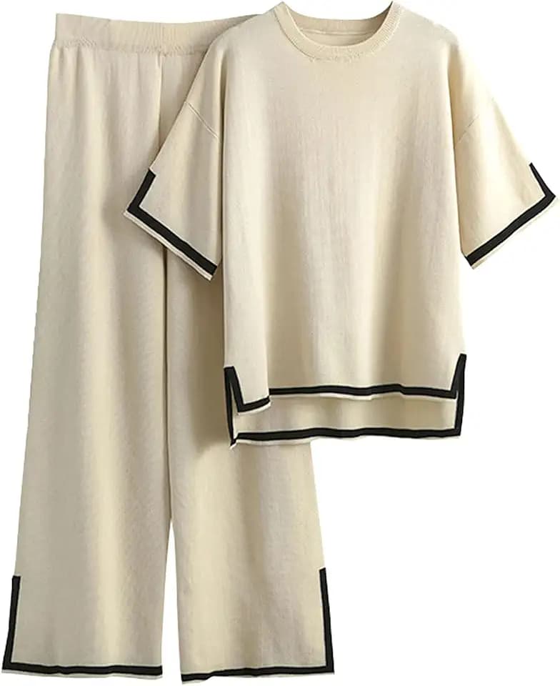Famulily Damen-Trainingsanzüge, Rundhalsausschnitt, farbblockierter Strickpullover, Oberteil mit hoher Taille, weitem Bein, Hose mit seitlichem geteiltem Saum, S-XL
