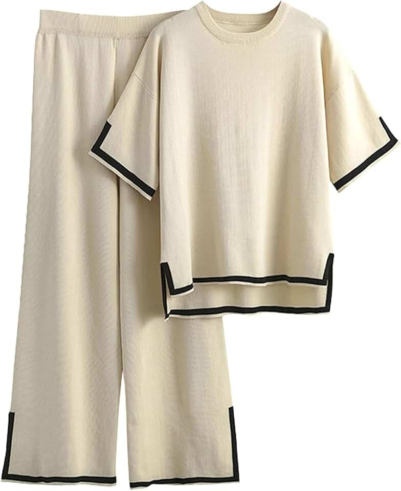 Famulily Damen-Trainingsanzüge, Rundhalsausschnitt, farbblockierter Strickpullover, Oberteil mit hoher Taille, weitem Bein, Hose mit seitlichem geteiltem Saum, S-XL