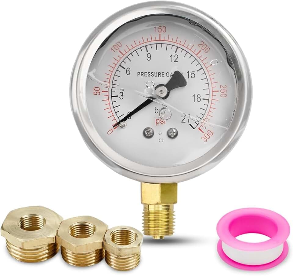 1-Pcs 40mm Manometer BSP 1/8" 0-21 Bar 0~300 Psi mit 3-Stück Buchse bis 1/4", bis 3/8" und bis 1/2" und einem Teflonband, Radial
