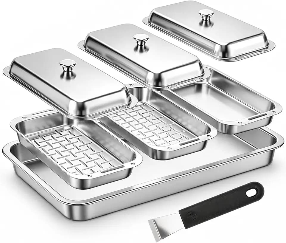 Denmay Grillkorb Set mit Deckel, Edelstahl Grillpfännchen Set mit Griff für Gasgrill & Holzkohlegrill – Universal Grillpfannen zubehör für Weber, Enders, Charbroil Grill, 3 Grillkörbe + 1 Grillschale