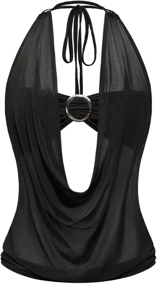 SweatyRocks Women's Sheer Mesh Halter Tops Rave Draped Y2K Sexy Outfits
